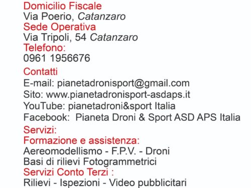 Tutte le info sulla nostra associazione “PIANETA DRONI & SPORT ASD-APS Italia”